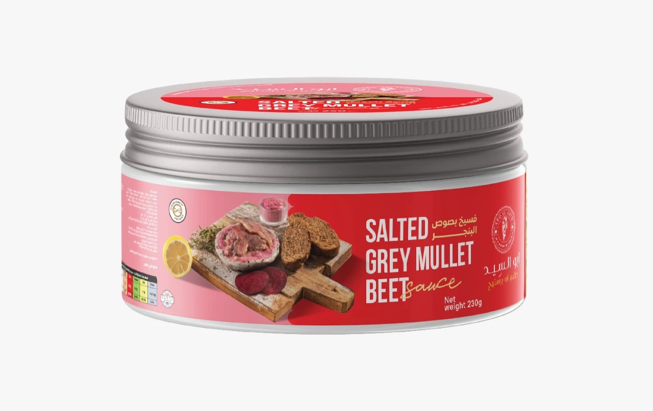 salted grey mullet fillet pieces with beet sauce